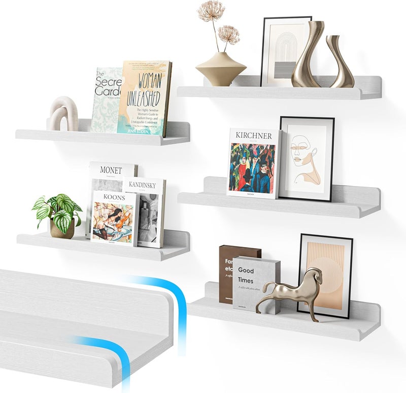 YUFLINX 16’’White Floating Shelves for Wall with Anti-Crash Design Set of 6,Nursery Book Shelves for Room Decor/Storage/Display,Hanging Wall Shelves for Bedroom, Bathroom, Living Room,Kids Room - Image 1